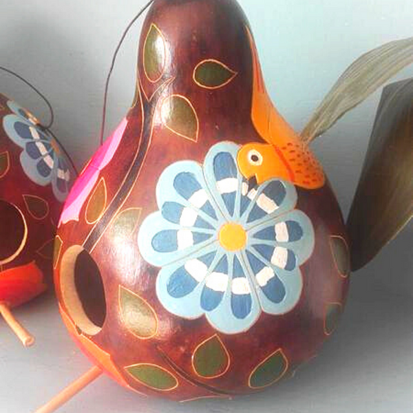 Floral Painted and Carving Gourd Birdhouse