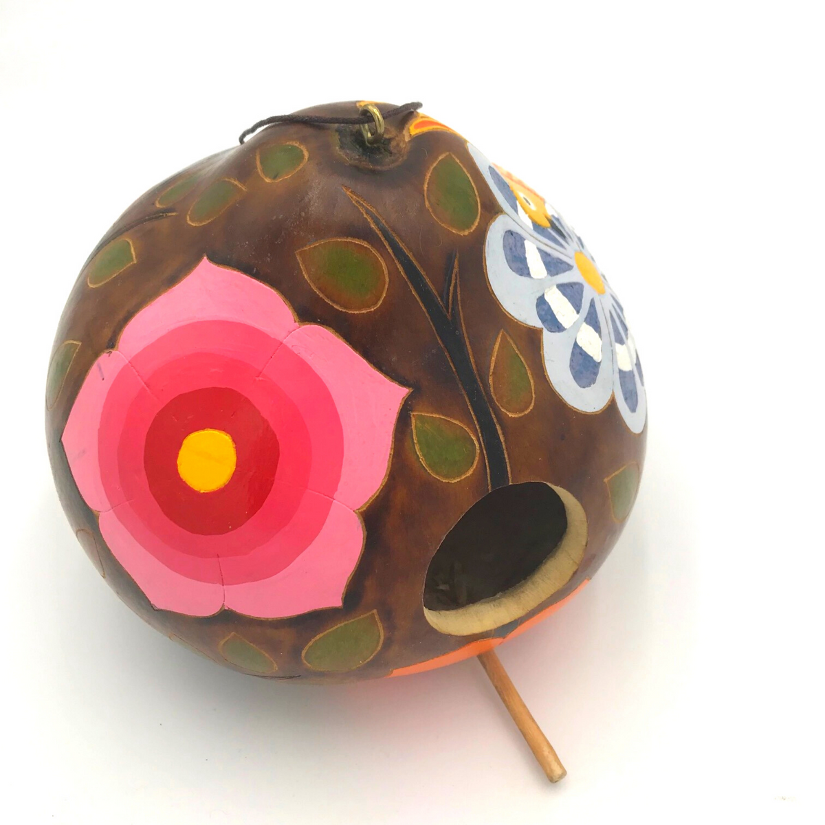 プリミティブ 丸胴木製花器 25cm 民藝 原木 🐦 Floral Painted and Carving Gourd Birdhouse – Blossom
